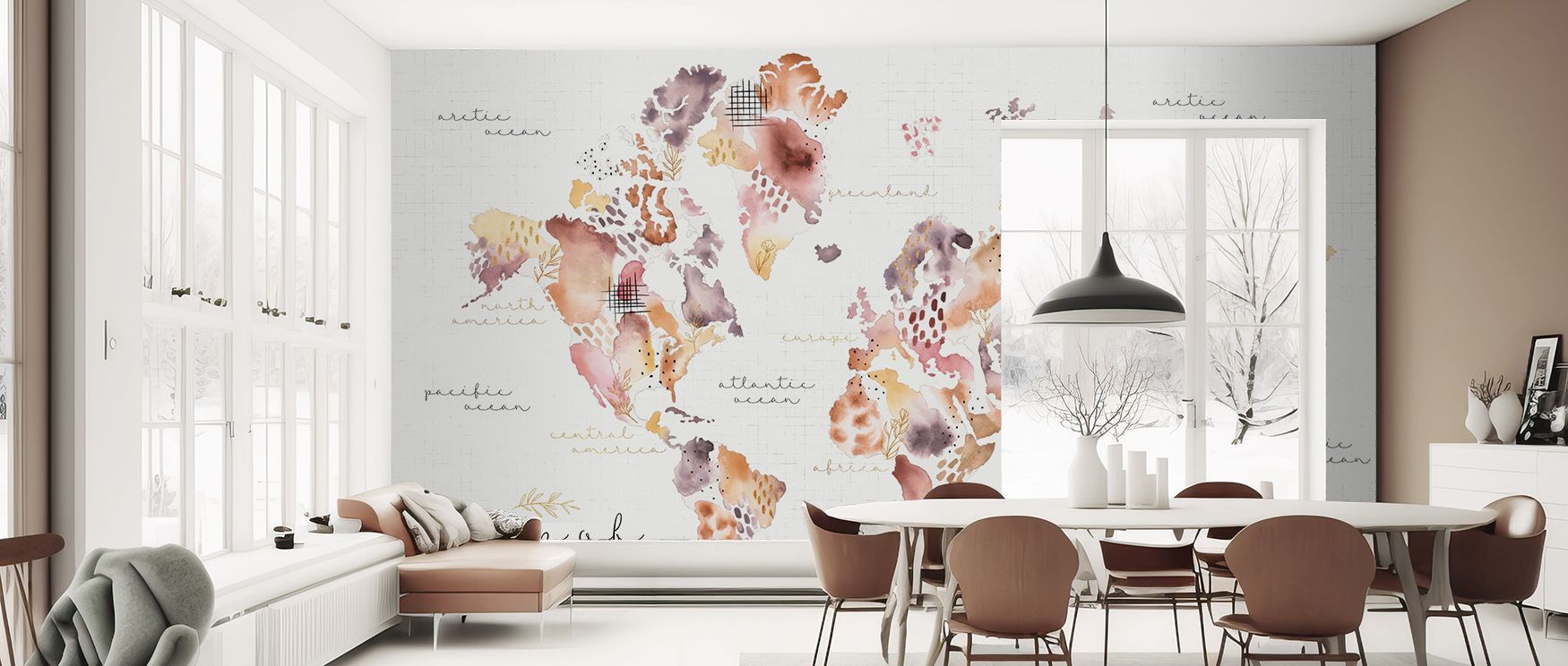 A floral world map wallpaper inspired by Desert Bloom design merging intricate global details with botanical patterns enhancing interiors with cultured charm sophistication and natural warmth.