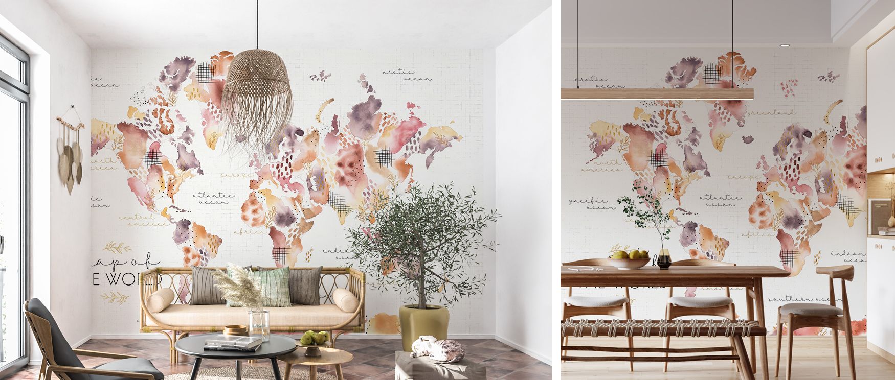 World map wallpaper designed with Desert Bloom style where colorful floral accents enhance cartographic detail adding beauty charm and natural sophistication to modern interiors for stylish living. 