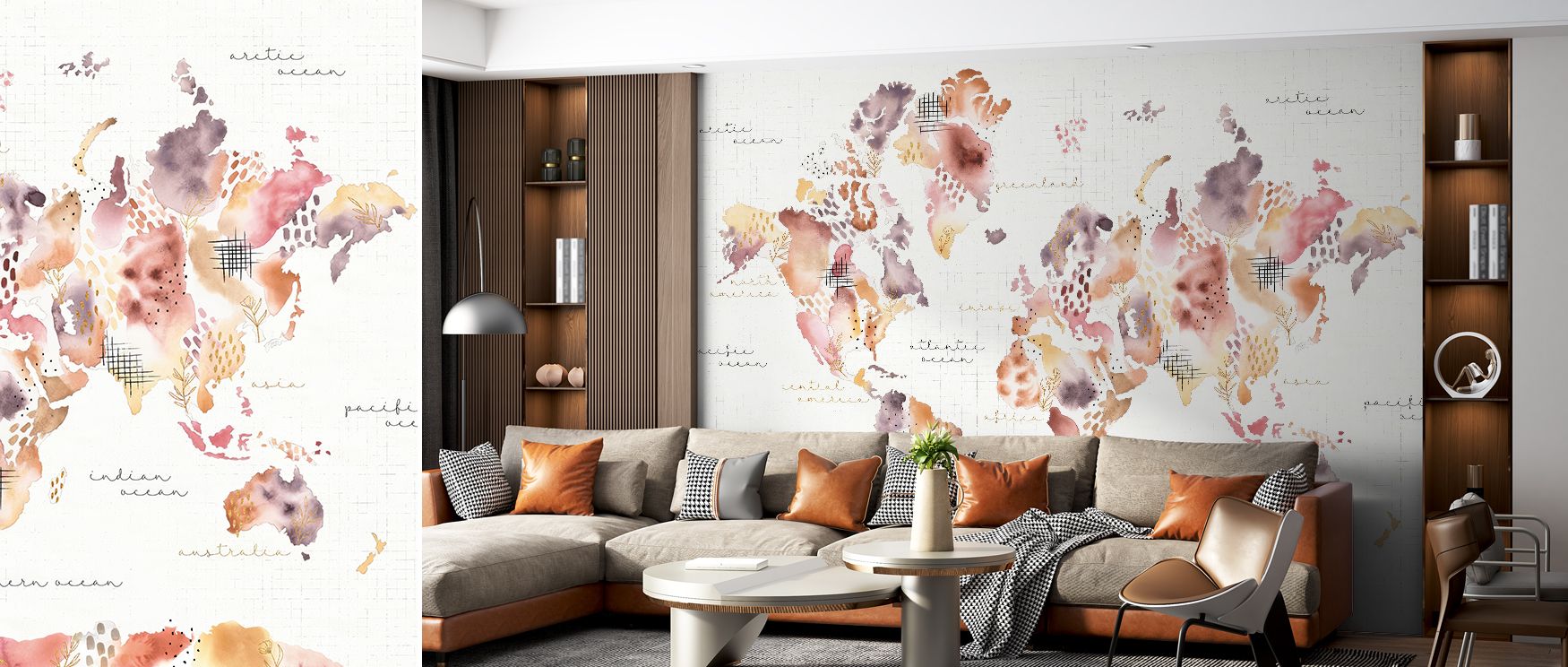 Desert Bloom map wallpaper featuring natural floral tones and precise world detailing blending botanical inspiration with global artistry creating stylish sophisticated interiors for home offices or bedrooms. 