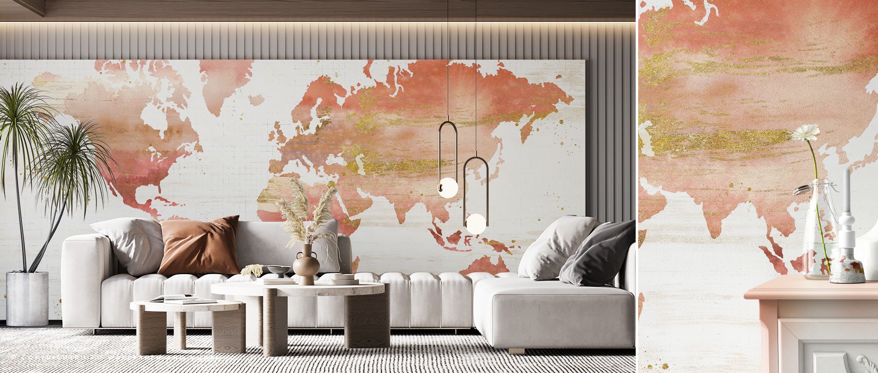 World map wallpaper infused with floral Desert Bloom accents where detailed cartography and delicate blossoms create elegance natural sophistication and cultural charm for home interiors. 