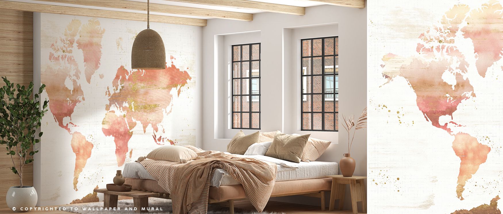 Botanical floral inspired world map wallpaper where Desert Bloom blossoms merge with intricate global cartography creating refined interiors filled with sophistication charm and elegance. 