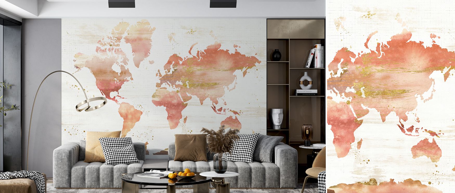 Floral inspired Desert Bloom world map wallpaper where blossoms complement cartography to create interiors filled with refined sophistication natural charm and artistic elegance. 