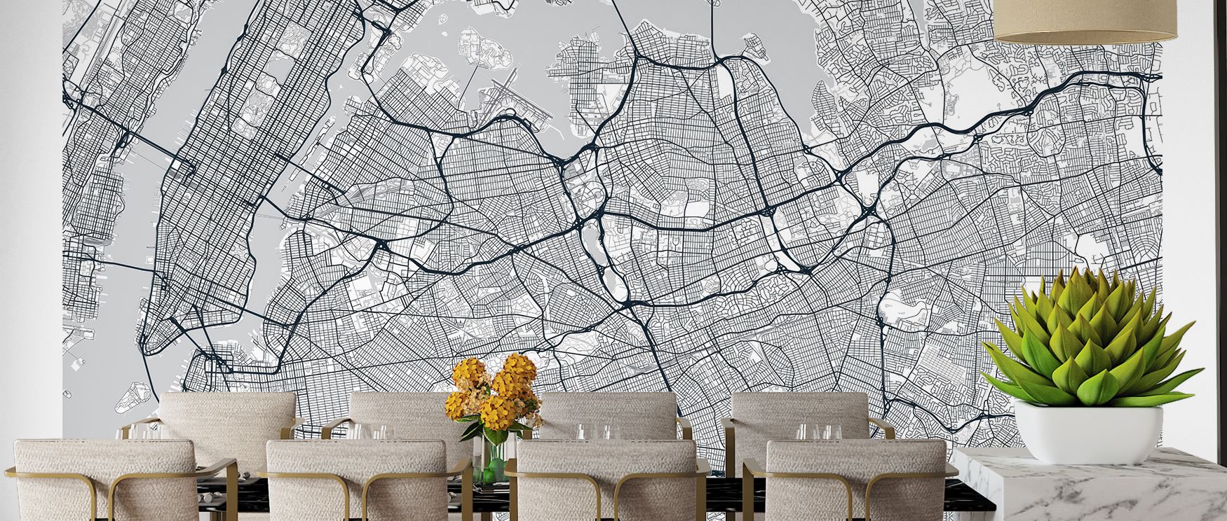 A cartographic wallpaper showcasing Queens borough with eco friendly design artistic detailing and urban elegance creating sophisticated interiors for living rooms or modern studies. 