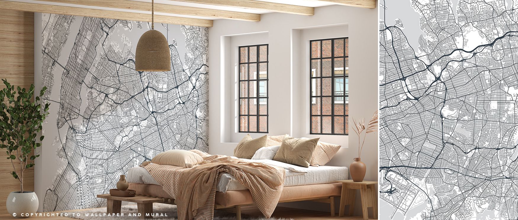 Queens inspired map wallpaper combining detailed city cartography and eco sustainable design principles to create stylish cultured interiors perfect for offices lounges or creative spaces. 