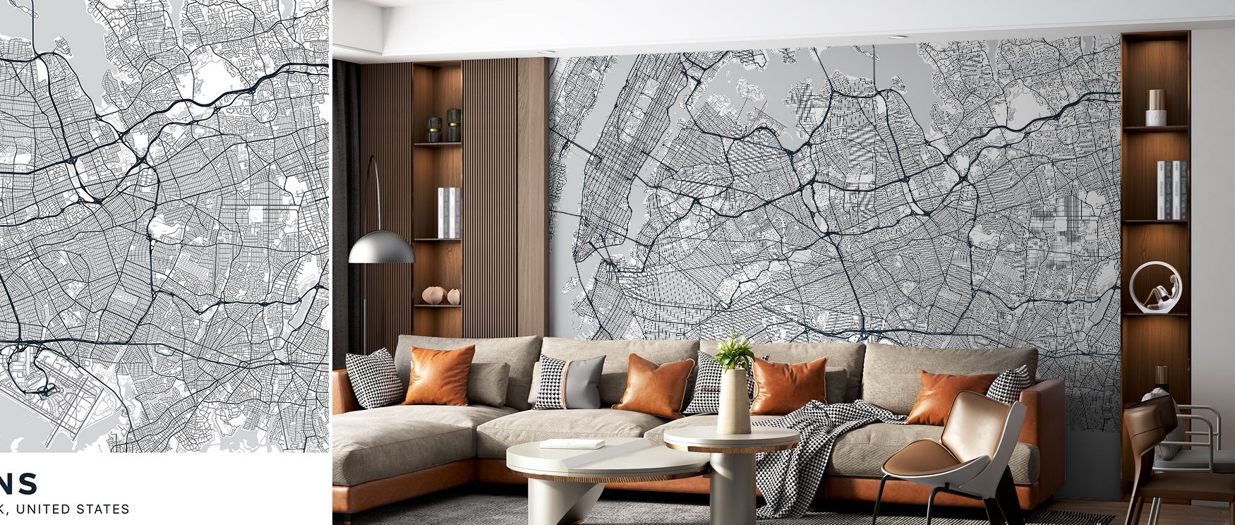 A New York City map wallpaper centered on Queens crafted with eco friendly design that enriches interiors with urban sophistication cultured charm and stylish appeal. 
