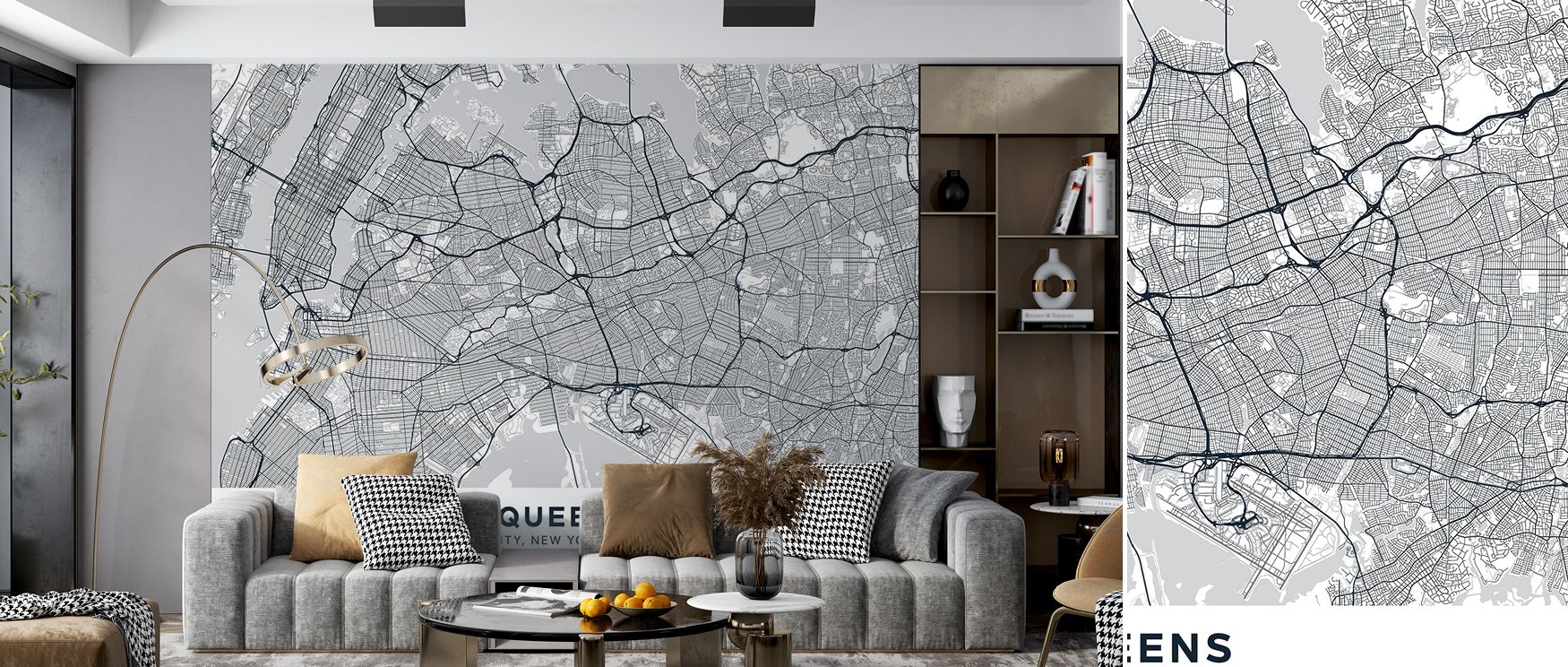 Metropolitan inspired Queens map wallpaper featuring detailed artistry and eco conscious design offering stylish cultured sophistication to homes and offices seeking elegance. 