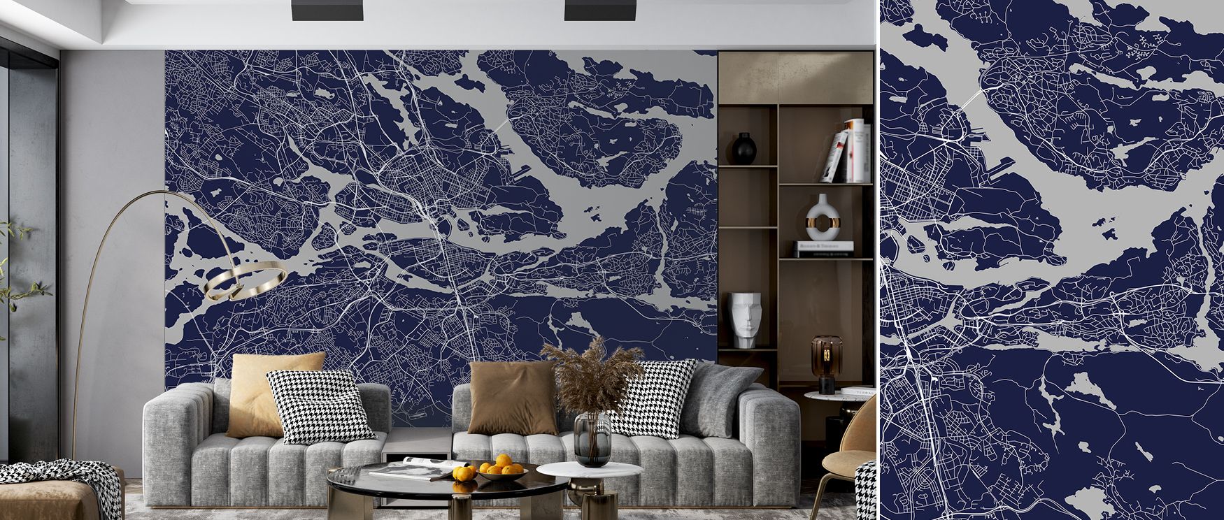 Modern Scandinavian wallpaper capturing the Map of Stockholm in refined detail, styled with minimal lines and muted colors. Its eco-friendly inspiration highlights heritage and exploration, making it ideal for modern offices or stylish homes seeking cultu