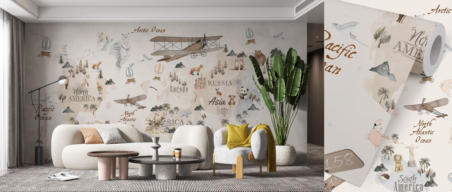 Kids’ wallpaper design featuring whimsical animals on a world map, blending playfulness with cultural awareness. Its lively colors create joyful interiors that encourage learning, making it ideal for nurseries or playrooms where decoration and education m