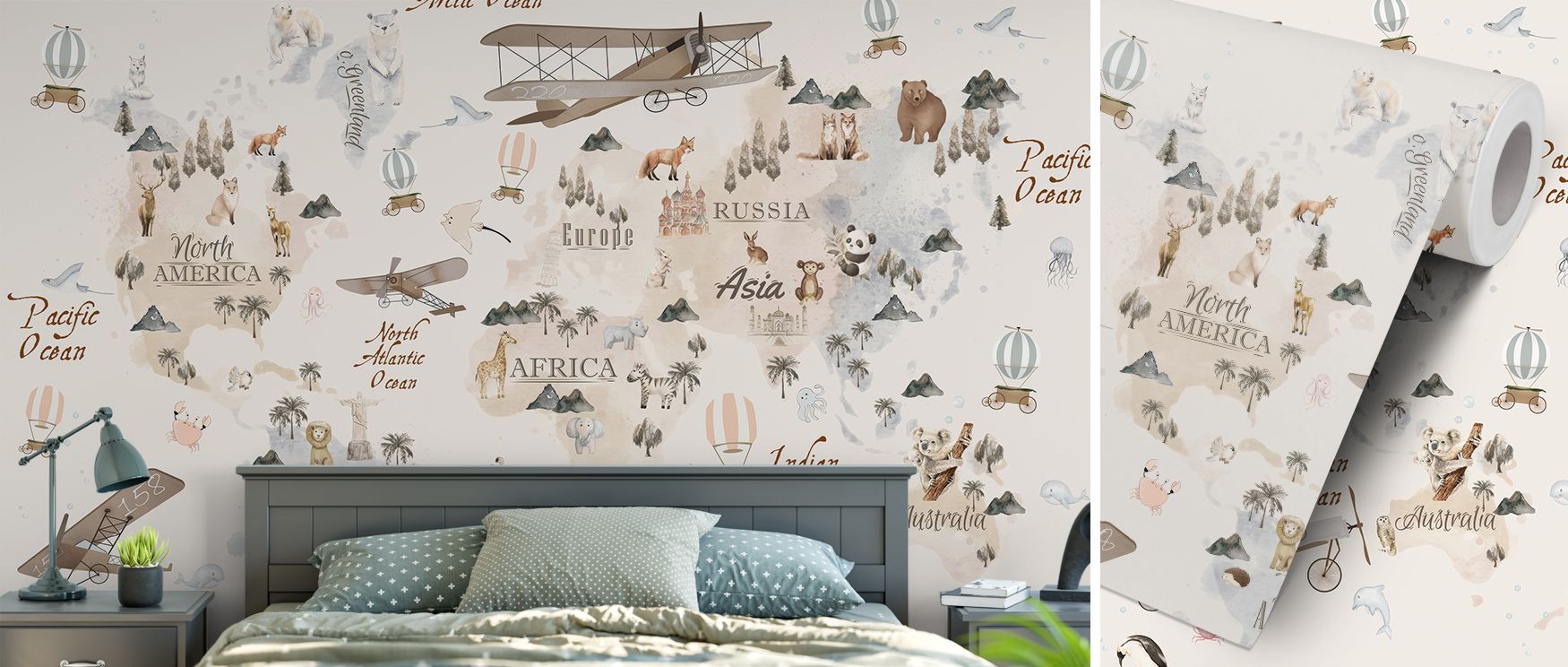 Children’s wallpaper with a vibrant world map and cute animals representing global diversity, styled to create fun and educational interiors. Its colorful palette adds energy to bedrooms or play areas, making walls both decorative and inspiring, encouragi