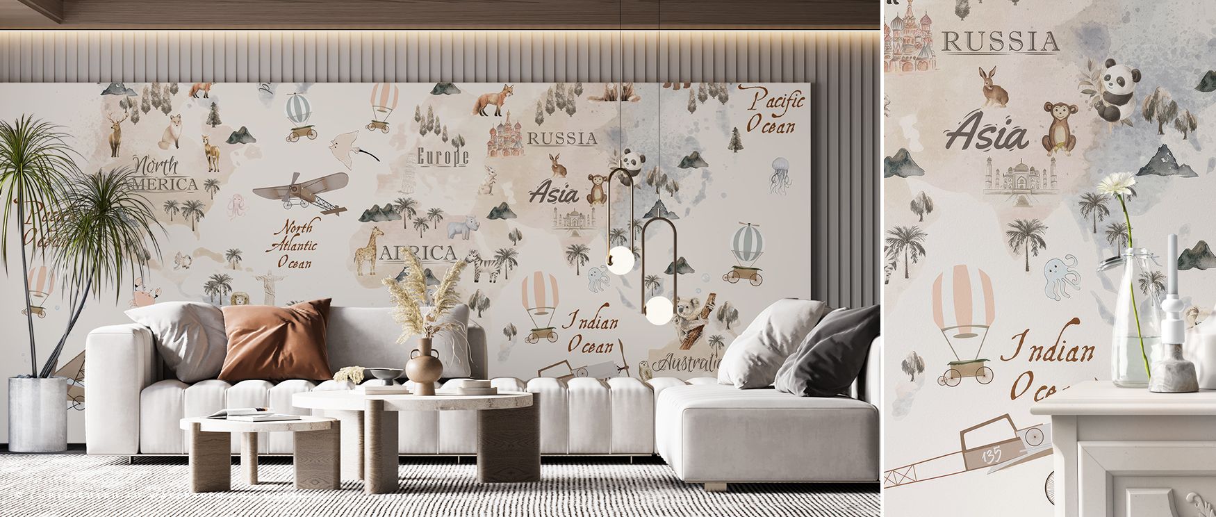 Vibrant children’s wallpaper with a playful world map filled with adorable animal illustrations. Its cheerful tones add creativity to interiors, transforming walls into imaginative learning environments. Perfect for nurseries or bedrooms, it inspires curi