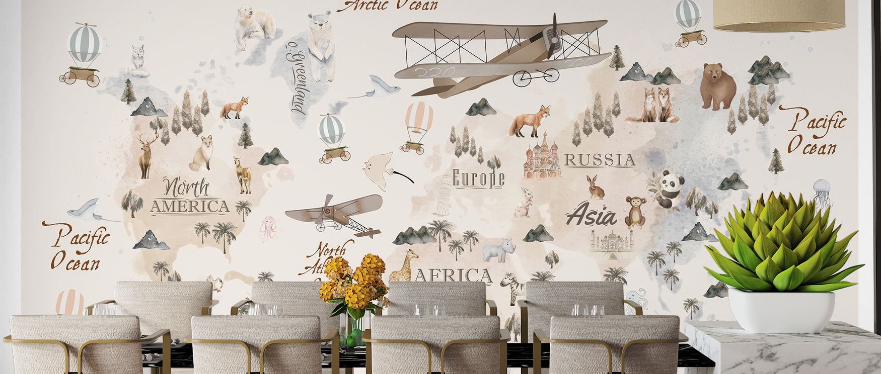 Charming children’s wallpaper with a lively illustrated map and cute animals representing global regions. Its colorful tones add joy and creativity to interiors, making walls into educational and playful landscapes ideal for nurseries or playrooms. 
