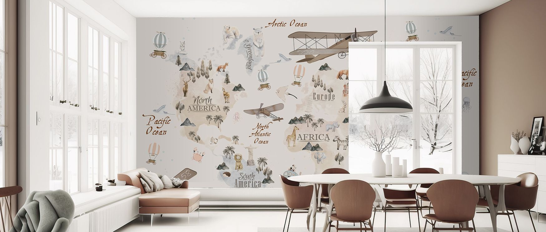 Educational and decorative wallpaper featuring a vibrant map with adorable animals, designed to inspire children’s curiosity. Its playful colors brighten interiors, turning nurseries or bedrooms into imaginative learning spaces full of cultural inspiratio
