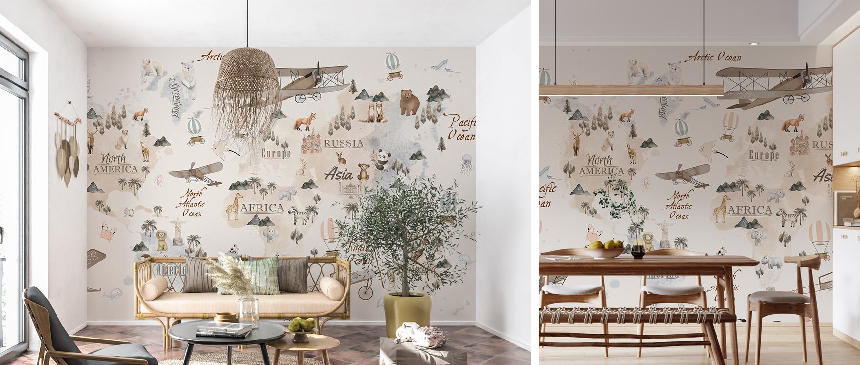 Colorful kids’ world map wallpaper designed with cute animals, bringing joy and learning into interiors. Its whimsical palette makes rooms brighter, while its playful design transforms walls into educational adventures, ideal for bedrooms, playrooms, or n