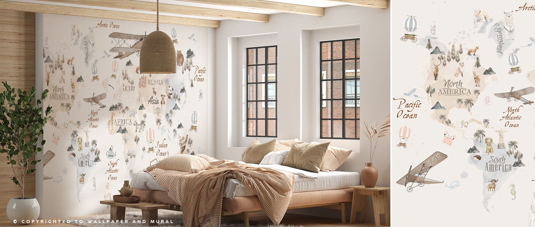 Whimsical wallpaper featuring a fun world map with delightful animals representing countries. Its cheerful palette and playful details brighten interiors, creating engaging walls that encourage learning and cultural imagination in nurseries or children’s 