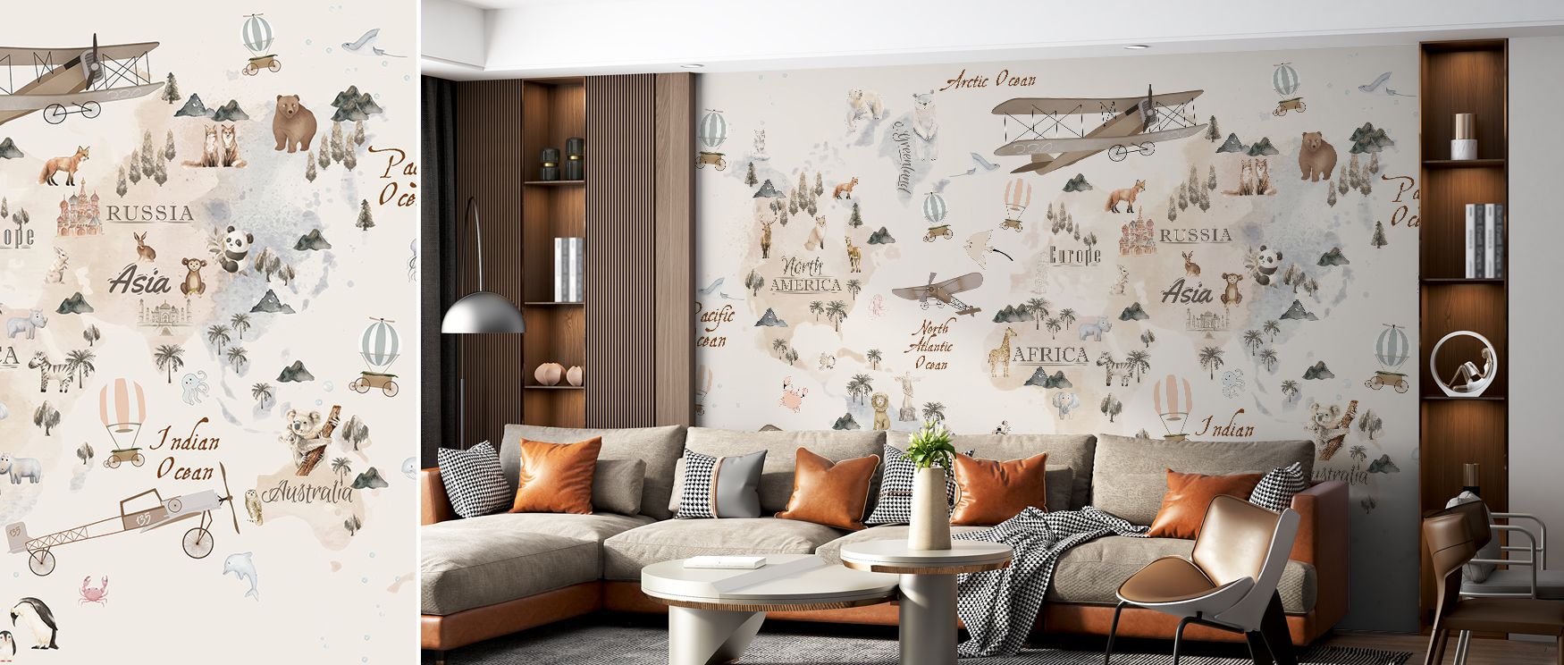 Playful map wallpaper for children featuring vibrant animals and cities, turning rooms into imaginative learning spaces. Its colorful palette and fun motifs create engaging walls for nurseries or playrooms, combining decorative charm with inspiring explor