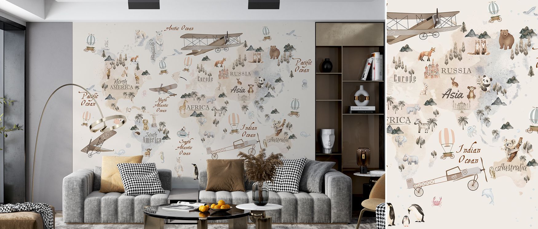 Bright and colorful kids’ wallpaper featuring a world map with animals across continents, designed to engage curiosity and creativity. Its whimsical details inspire learning and exploration while creating joyful interiors, perfect for bedrooms or play are