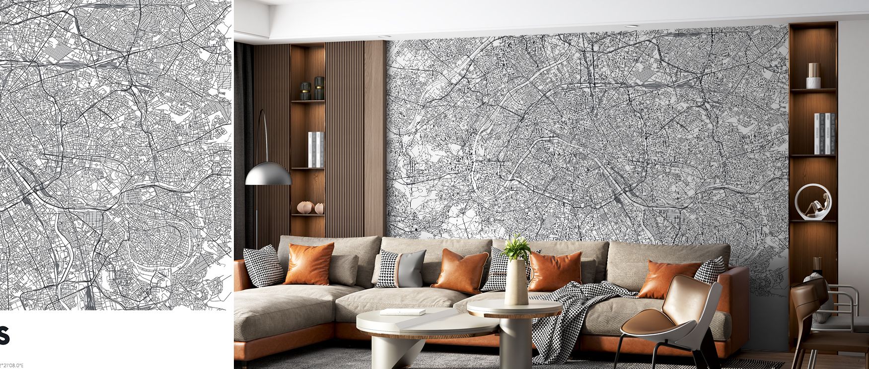 Elegant wallpaper featuring the Map of Paris with monuments and streets arranged in refined design. The cultured details bring inspiration into interiors, making it ideal for offices or lounges where sophistication and global travel themes are celebrated 