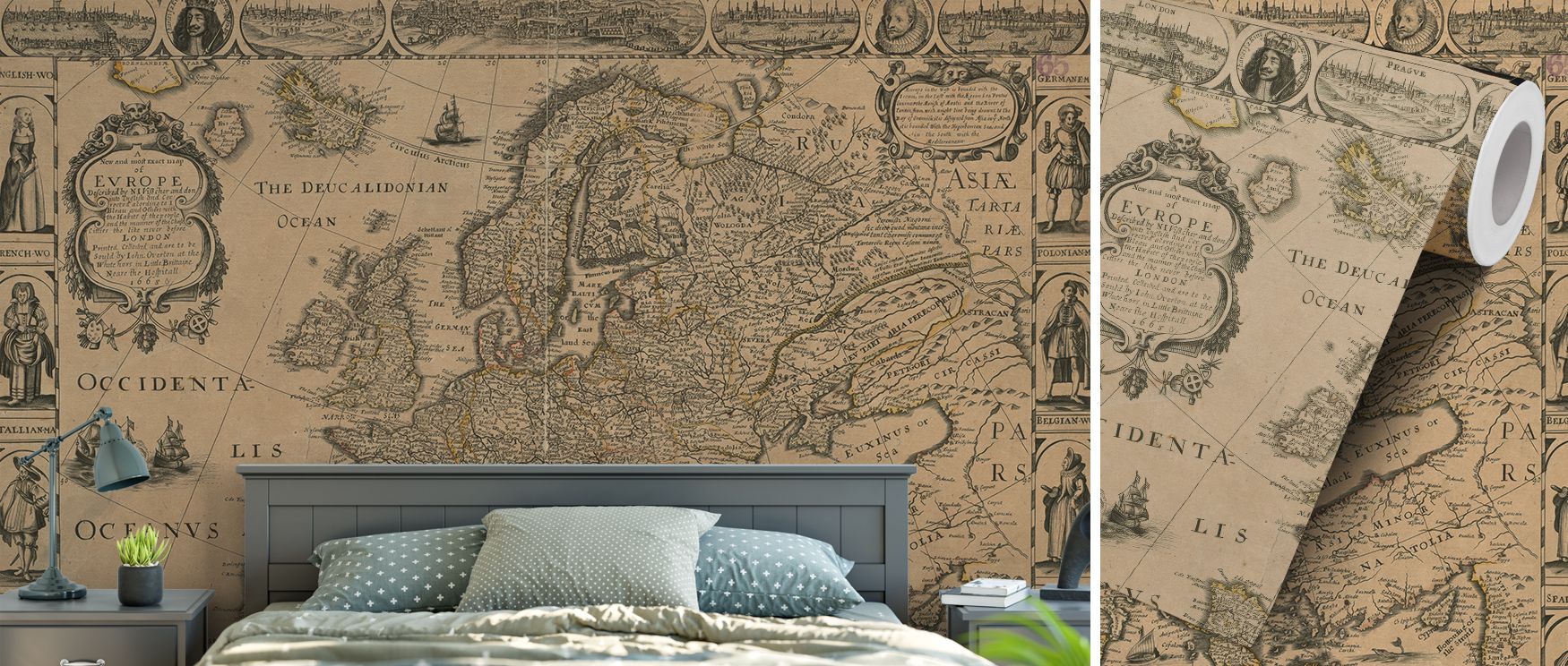 Decorative Europe wallpaper designed with intricate cartography highlighting cities and borders. Its elegant tones add knowledge and culture to interiors, creating stylish spaces ideal for classrooms, offices, or living rooms with global character. 