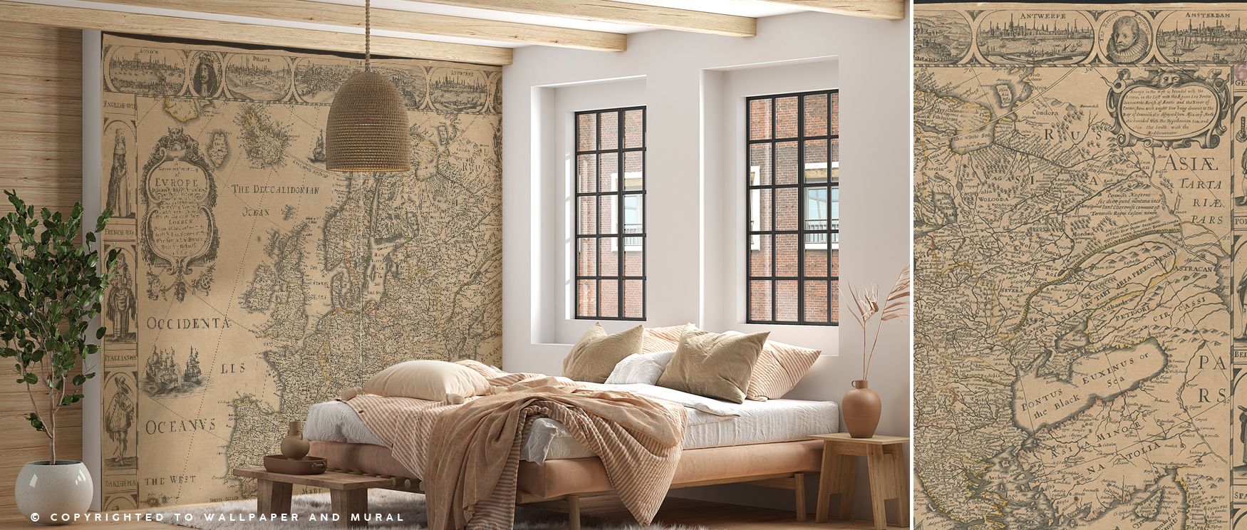 Elegant Europe wallpaper with detailed cartographic design of countries and landmarks. Its refined palette enriches walls with cultural charm, offering stylish sophistication for classrooms, studies, or offices inspired by heritage. 