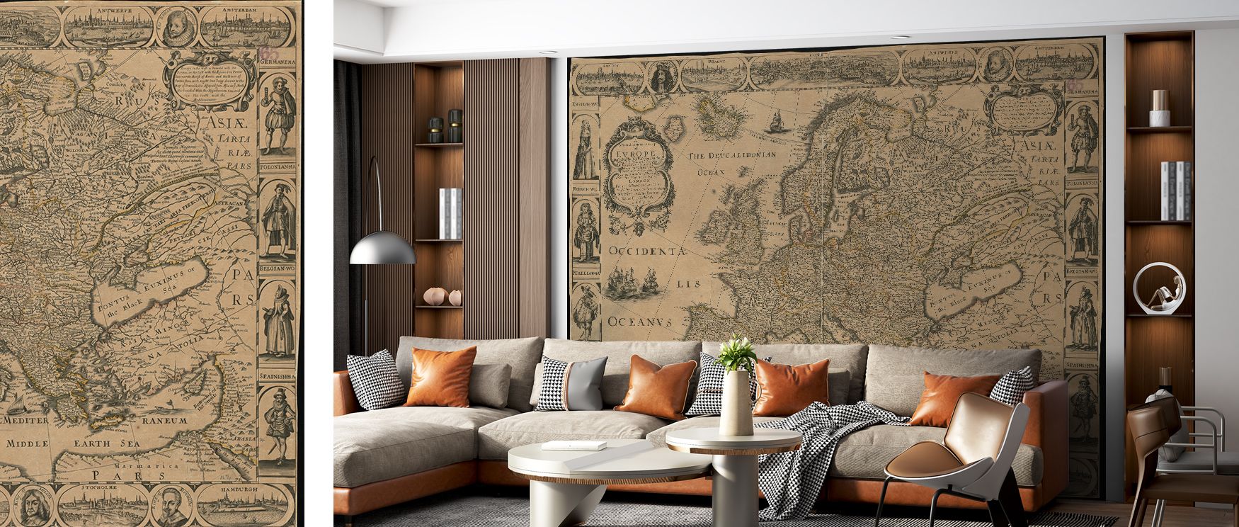 Decorative map wallpaper showcasing Europe in detailed artistry with cities and landmarks. Its cultured tones transform interiors into stylish educational spaces, ideal for offices or classrooms where design and knowledge blend seamlessly. 