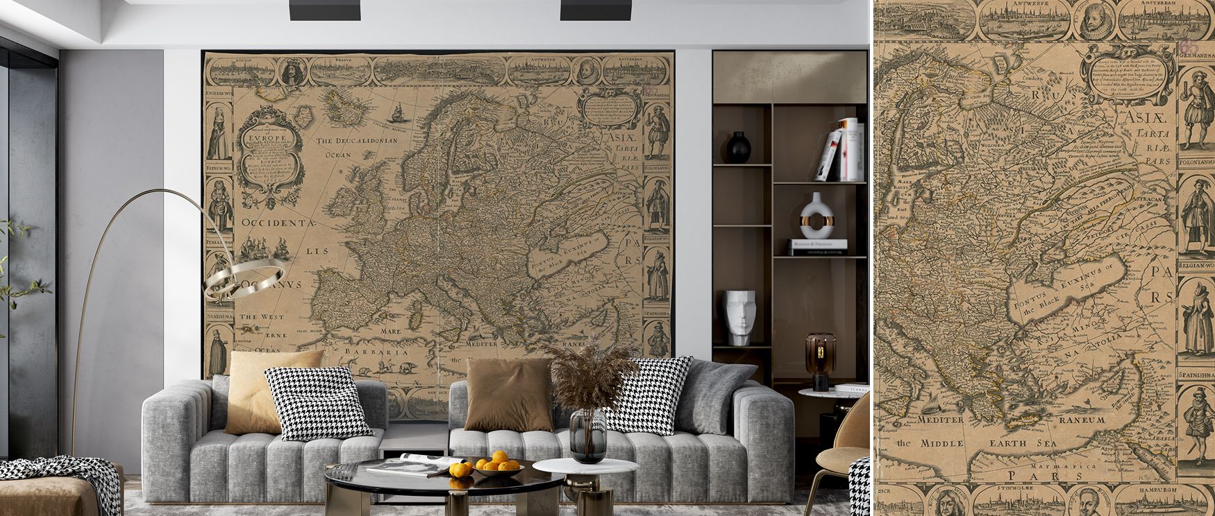 Europe wallpaper featuring refined cartography of countries, cities, and borders, styled in cultured tones. Its aesthetic enriches walls with sophistication, perfect for studies, living rooms, or classrooms inspired by exploration. 