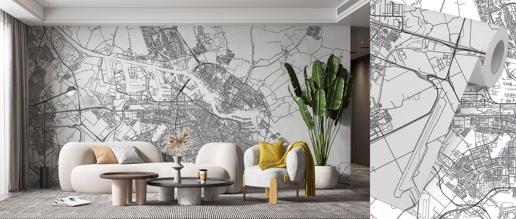 Artistic wallpaper design showcasing Amsterdam’s map with detailed lines of streets and landmarks. Its refined palette brings sophistication to interiors, making it perfect for offices, studies, or living spaces with cultured charm. 