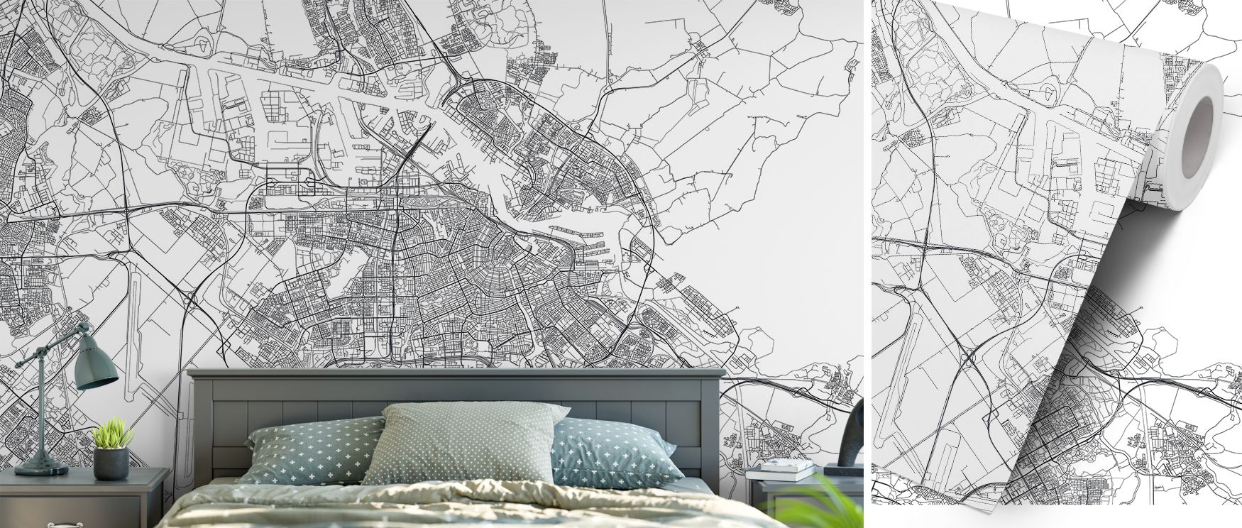 Elegant Amsterdam wallpaper featuring detailed cartographic artistry, capturing the city’s neighborhoods and attractions. Its cultured aesthetic transforms interiors, ideal for studies, creative spaces, or lounges inspired by design and travel. 
