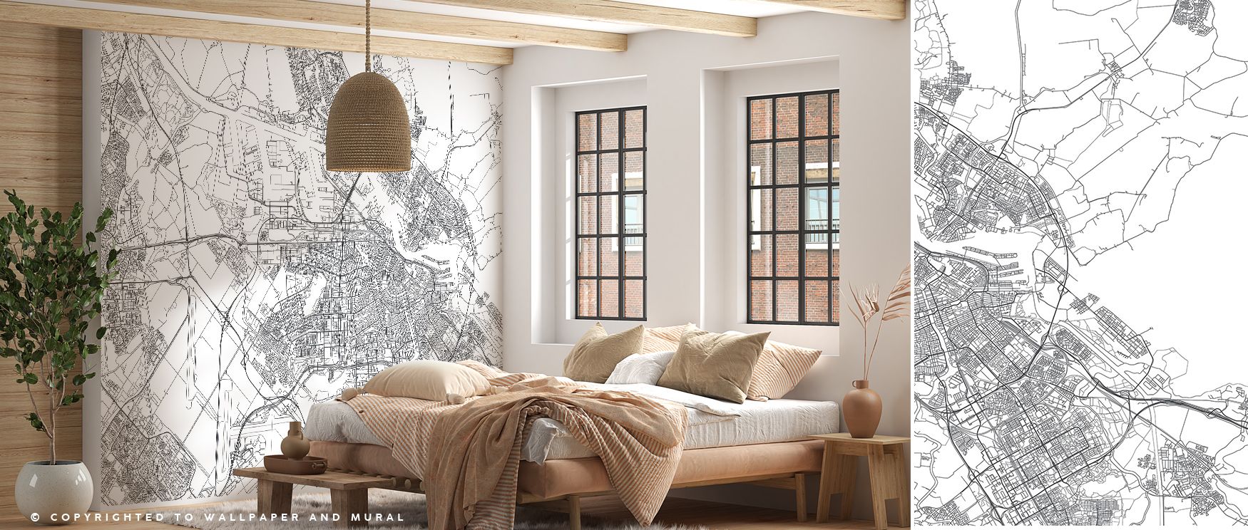 Decorative map wallpaper of Amsterdam designed with detailed artistry, highlighting cultural neighborhoods and attractions. Its aesthetic brings sophistication to studies, offices, or living spaces inspired by travel and heritage. 