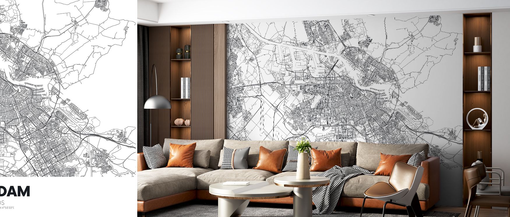 Amsterdam wallpaper styled with elegant cartographic design showcasing landmarks and streets. Its refined tones enrich interiors, offering cultured sophistication for offices or creative spaces inspired by travel. 