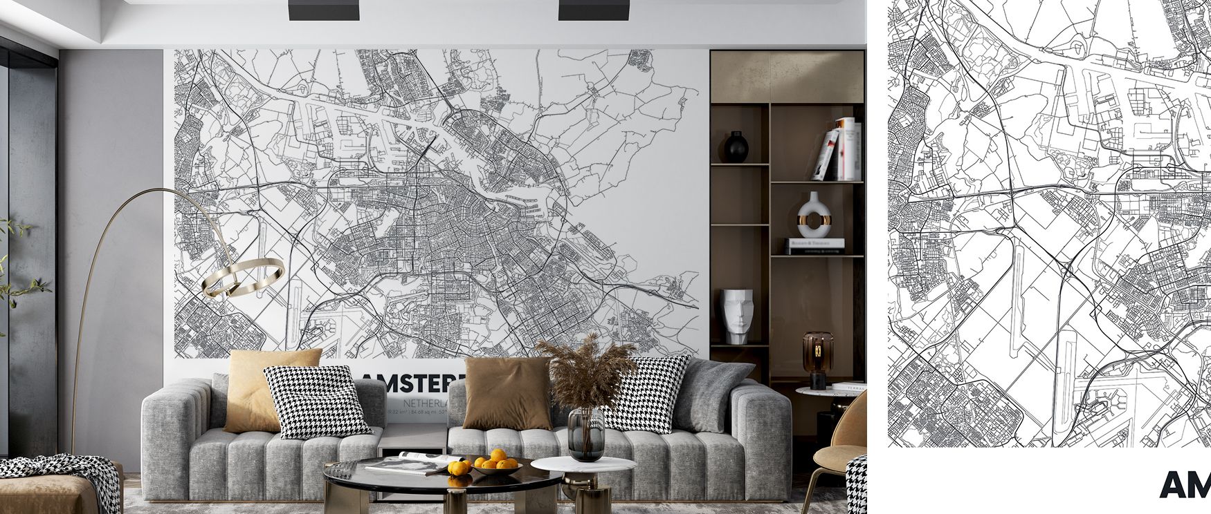 Artistic Amsterdam wallpaper featuring detailed city design with attractions and neighborhoods. Its cultured tones make interiors sophisticated and stylish, perfect for studies, living rooms, or lounges with global character. 