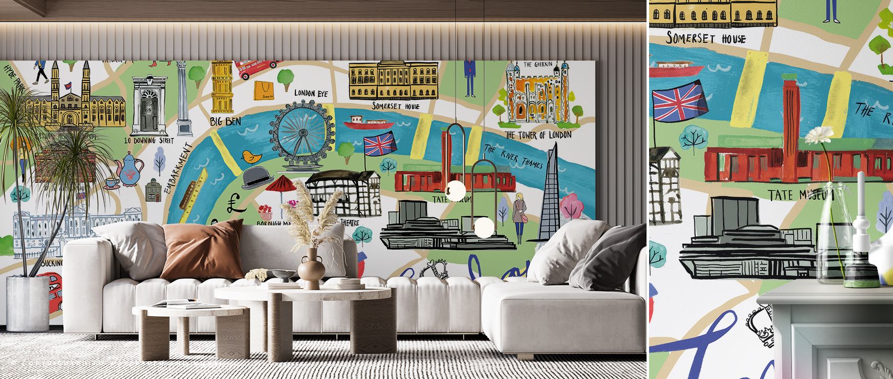 London map wallpaper styled with intricate artistry capturing landmarks and streets in refined tones. Its cultured design enriches interiors, making it perfect for studies, offices, or commercial spaces with metropolitan character. 