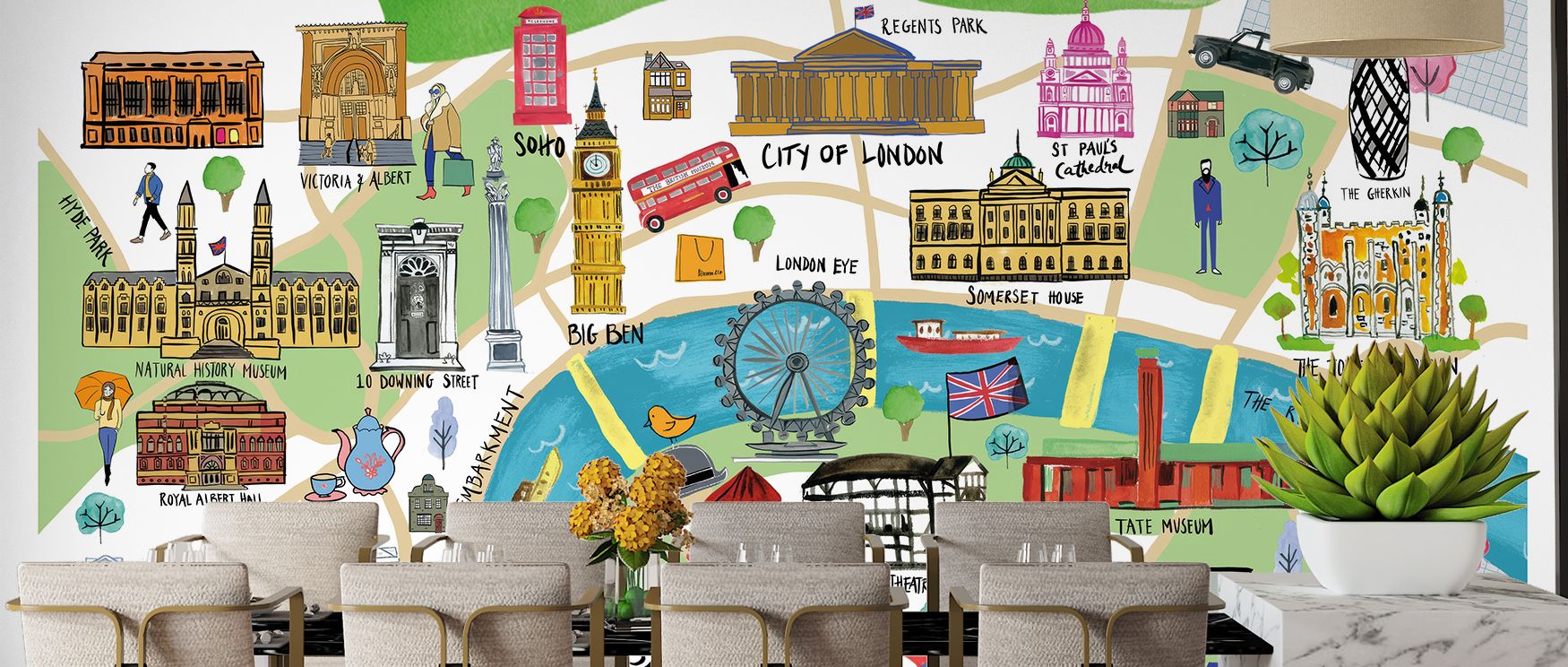 Artistic London wallpaper featuring detailed map of streets and landmarks. Its refined design enriches interiors with sophistication, making it perfect for studies, offices, or commercial interiors inspired by global charm. 