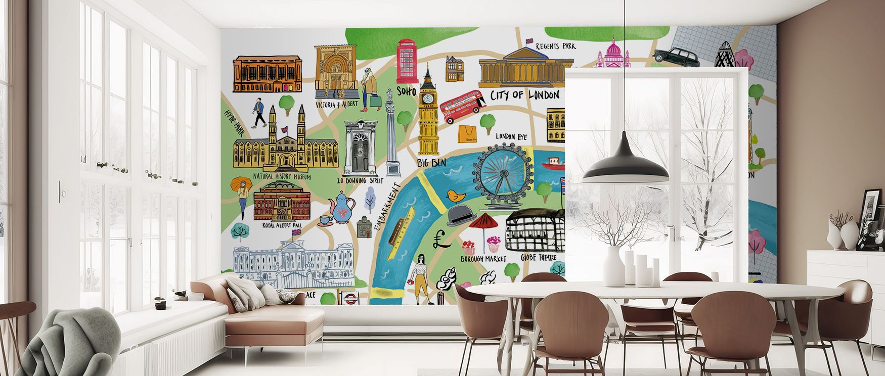 London map wallpaper designed with cultured artistry showcasing streets and monuments. Its stylish aesthetic transforms interiors, ideal for living rooms, offices, or lounges where metropolitan sophistication is desired.