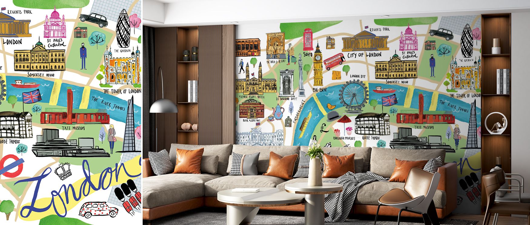 Decorative London map wallpaper designed with refined detail highlighting streets and landmarks. Its cultured tones transform interiors into stylish cultural spaces, ideal for living rooms, commercial areas, or studies. 