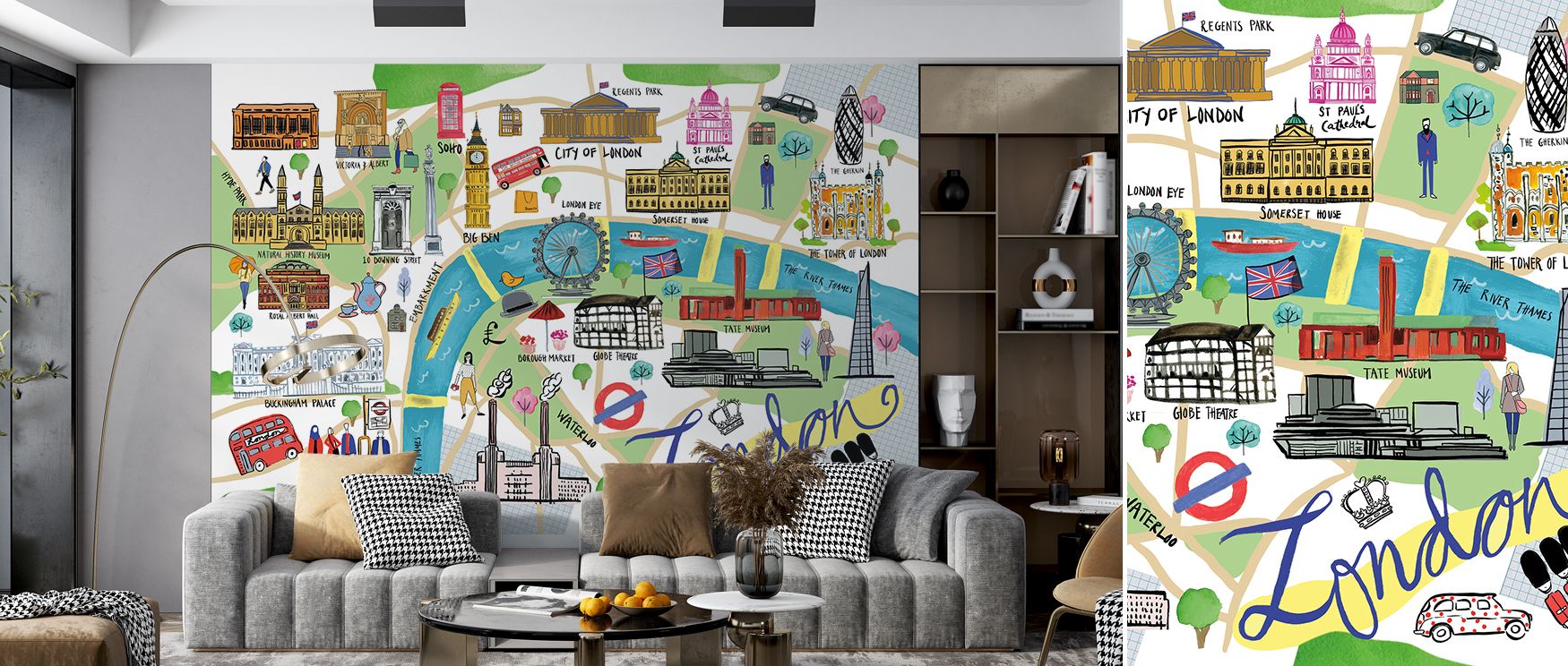 London wallpaper styled with refined map design, capturing the city’s landmarks and layout with elegant artistry. Its cultured tones bring sophistication to offices, living rooms, or lounges with metropolitan elegance. 