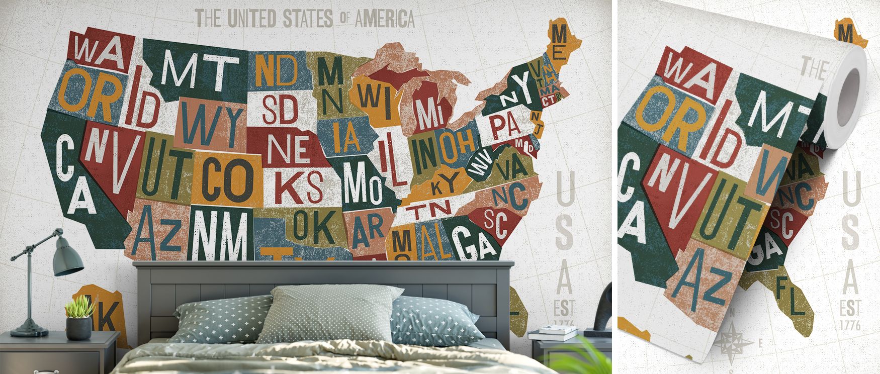 Decorative USA map wallpaper styled in vintage letterpress tones, showcasing major cities with cultural detail. Its textured artistry offers interiors a refined balance of heritage and design, making it ideal for studies, libraries, or commercial spaces. 