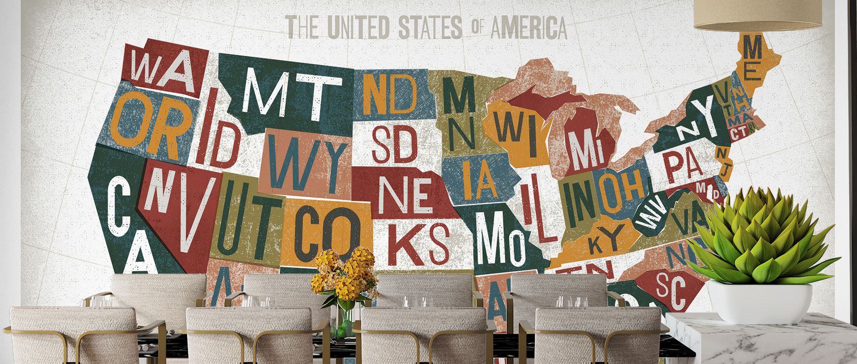 Elegant letterpress USA wallpaper designed with vintage tones highlighting cities and geography. Its refined artistry enriches interiors, turning walls into cultural spaces ideal for libraries, offices, or lounges. 