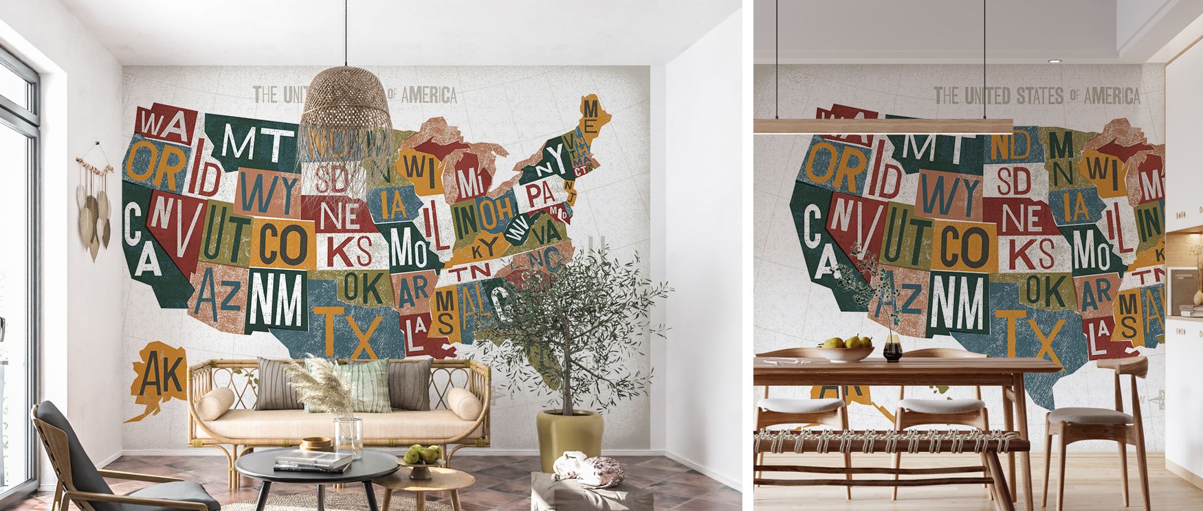 Letterpress USA wallpaper styled with vintage printmaking charm, highlighting American geography in detailed artistry. Its cultured tones bring sophistication to interiors, making it suitable for libraries, offices, or commercial spaces. 