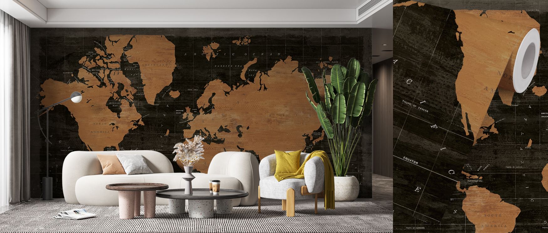 Industrial-inspired wallpaper featuring a metallic world map, styled with refined modern artistry. Its sleek tones bring sophistication to interiors, ideal for studies, lounges, or offices seeking bold cultural statements. 