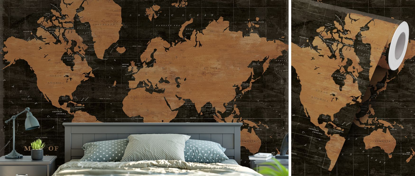 Decorative wallpaper styled with industrial metallic world map design, offering cultured sophistication. Its refined aesthetic transforms interiors, making walls a stylish centerpiece in living rooms, offices, or commercial areas. 