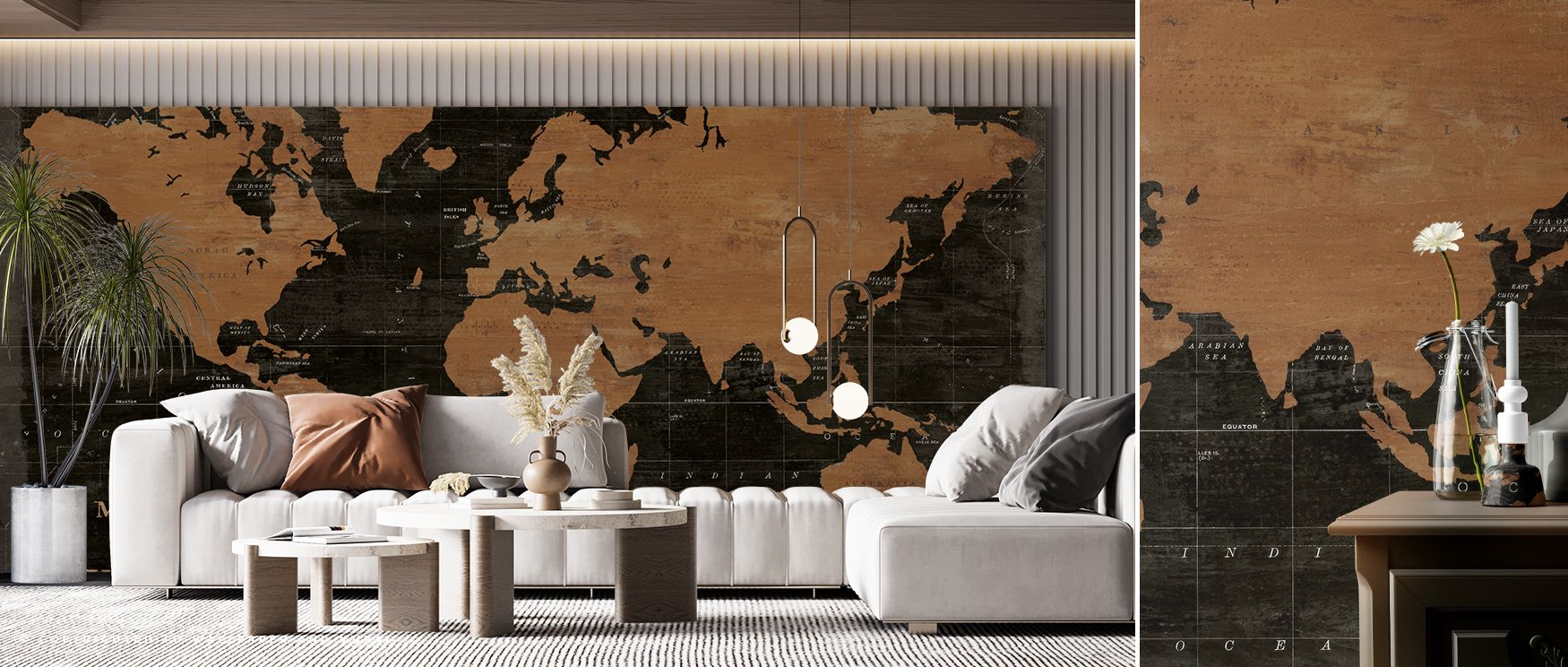Modern industrial wallpaper with metallic world map design, capturing geography in sleek artistry. Its aesthetic enriches walls with sophistication, perfect for living spaces, offices, or commercial interiors. 