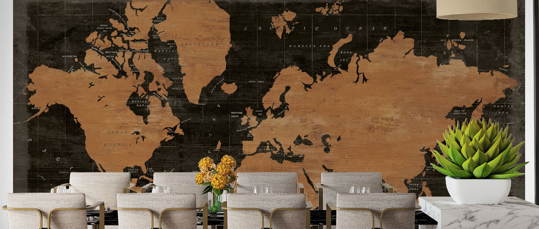 Metallic world map wallpaper styled with industrial edge, offering refined artistry and global charm. Its aesthetic enriches walls, making it ideal for commercial spaces, studies, or living rooms seeking modern cultural design.