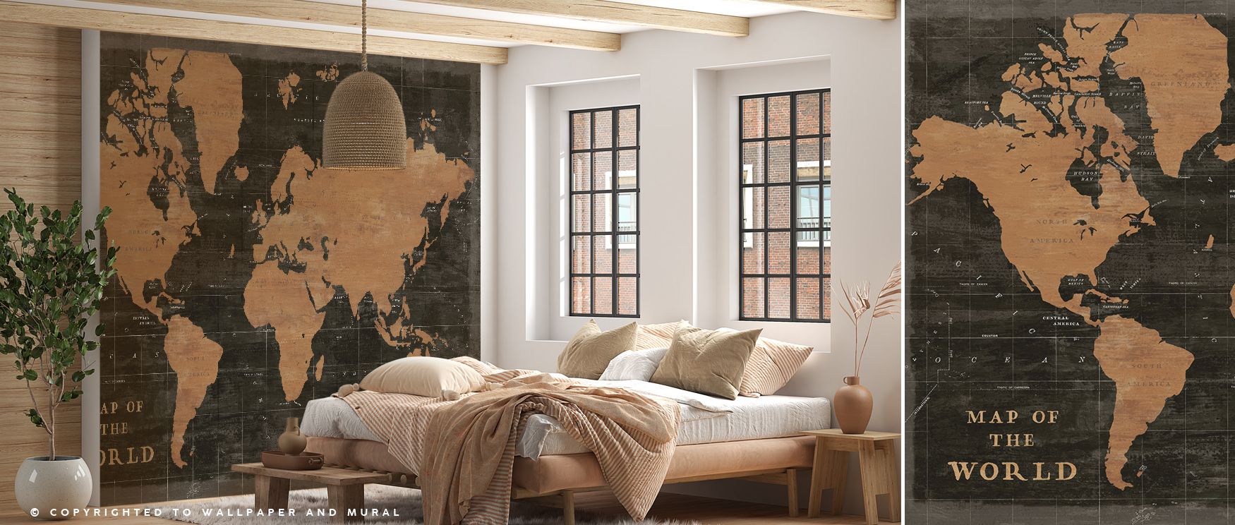 Industrial metallic world map wallpaper blending modern sophistication with cartographic artistry. Its aesthetic transforms interiors, making it ideal for offices, lounges, or living rooms seeking global elegance. 