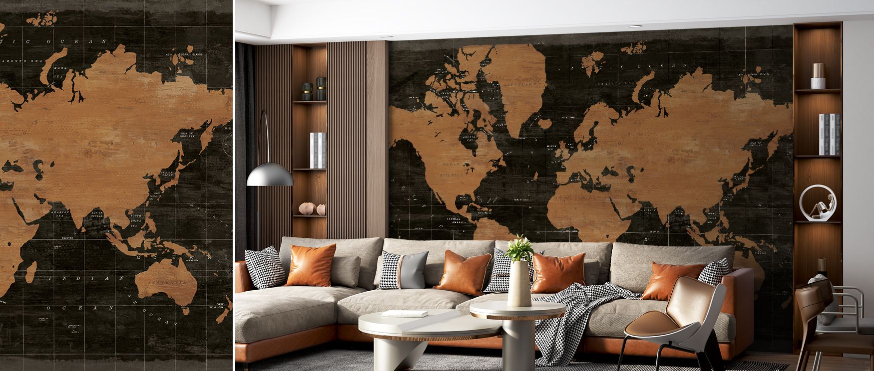 Modern world map wallpaper designed with industrial metallic tones, styled for contemporary interiors. Its refined artistry enriches spaces with cultural inspiration, perfect for studies, creative spaces, or commercial interiors. 