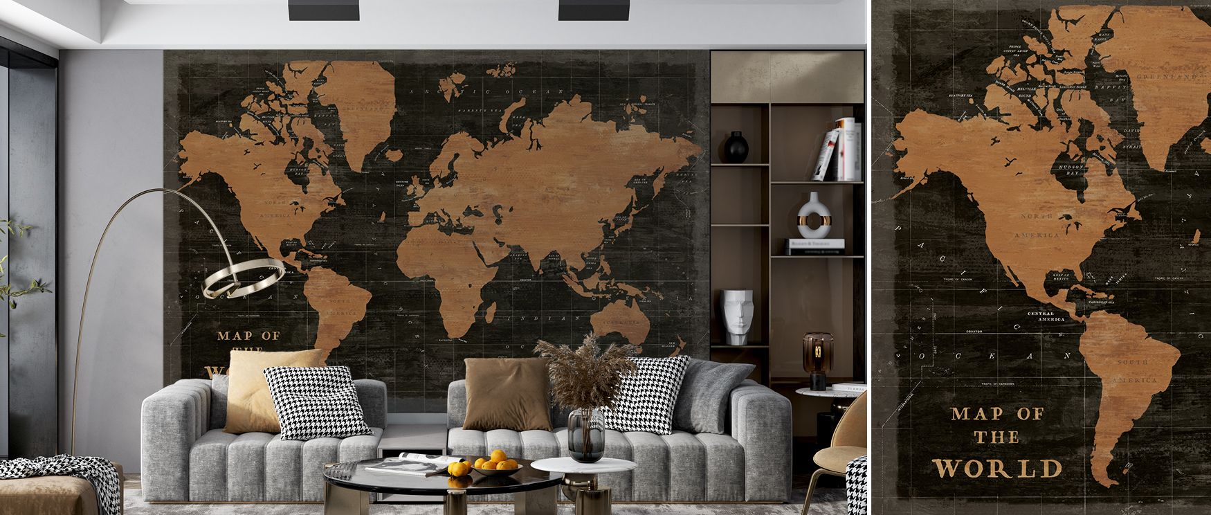 Industrial-inspired wallpaper featuring metallic tones in a world map design. Its bold artistry adds cultured sophistication to interiors, perfect for living rooms or offices. 