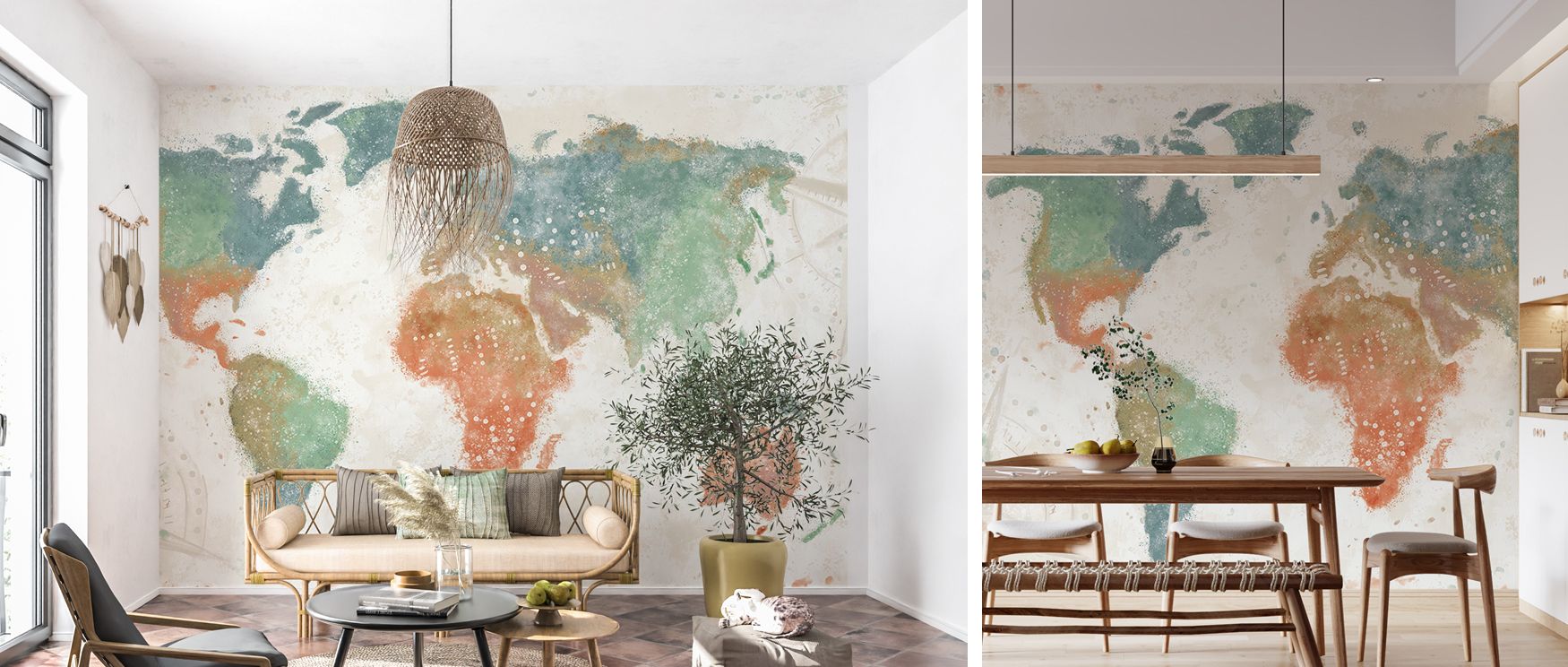 Explore wallpaper capturing colorful world map design with landmarks and cities. Its vibrant artistry adds brightness to interiors, making walls inspiring cultural landscapes for studies, playrooms, or living rooms. 