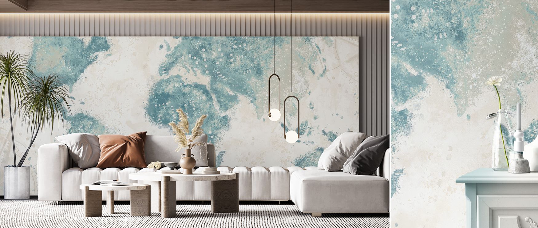 Gentle wallpaper design with world map in soft tones, creating tranquil walls for living spaces or offices. Its understated artistry enriches interiors with peaceful elegance and cultural charm, turning rooms into serene and sophisticated environments. 