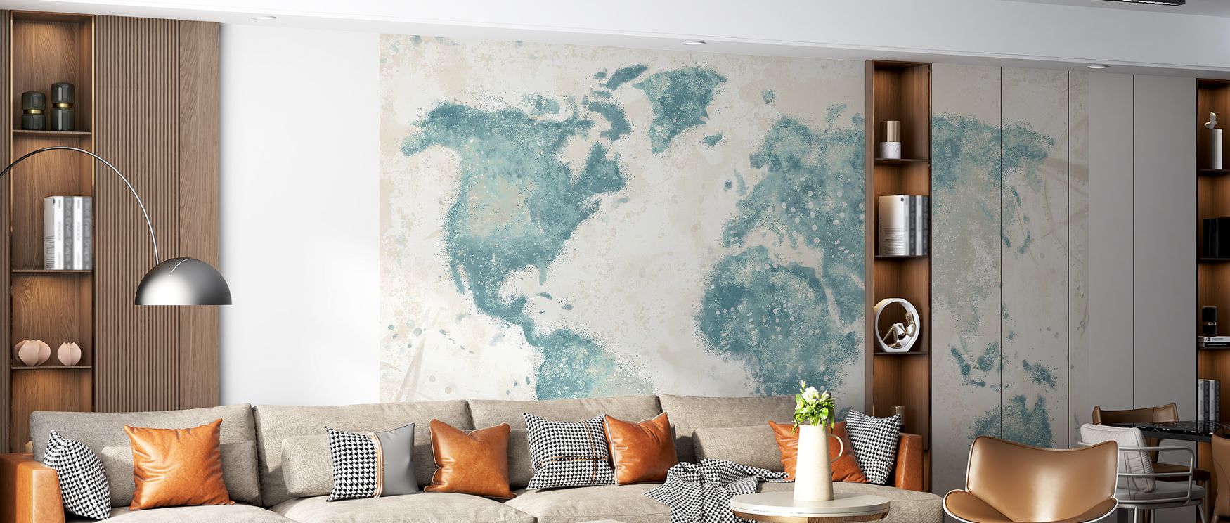 Decorative wallpaper featuring soft toned world map design, enriching interiors with serenity. Its delicate artistry creates tranquil walls, making it perfect for bedrooms, nurseries, or offices seeking peaceful global charm. 