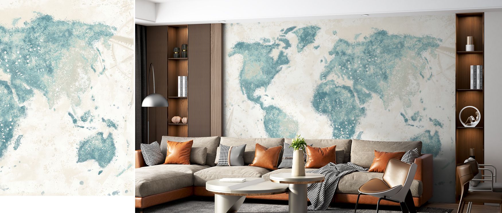 World map wallpaper styled in soft light tones, creating serene interiors with cultural inspiration. Its calming artistry makes it ideal for bedrooms, nurseries, or studies where tranquility and design meet. 