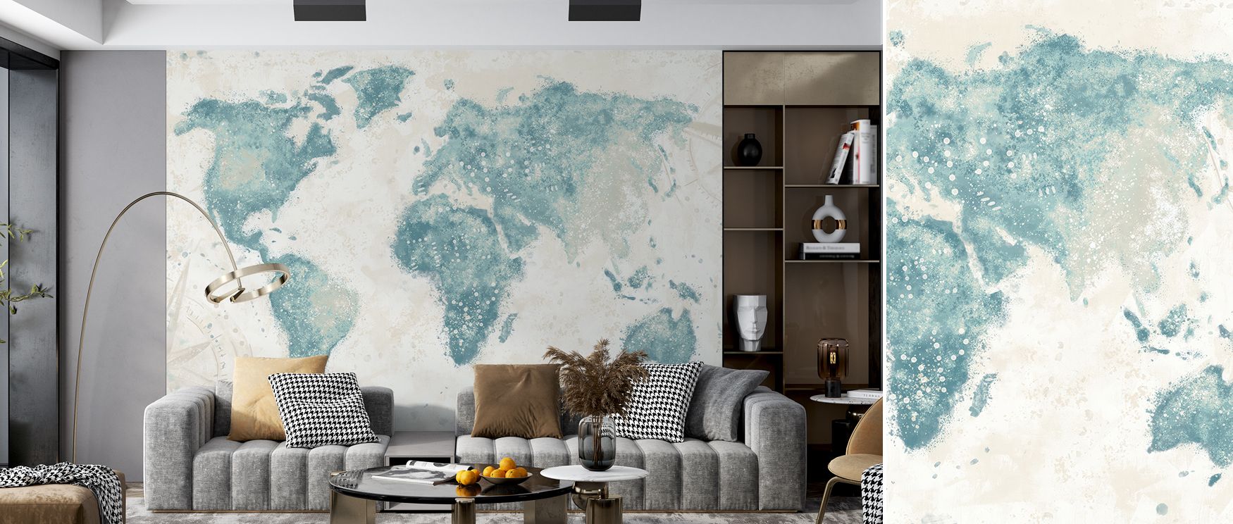 Refined wallpaper design with world map in soft hues, offering interiors a serene mood. Perfect for quiet offices, bedrooms, or nurseries, it creates walls that balance elegance and peaceful global inspiration. 